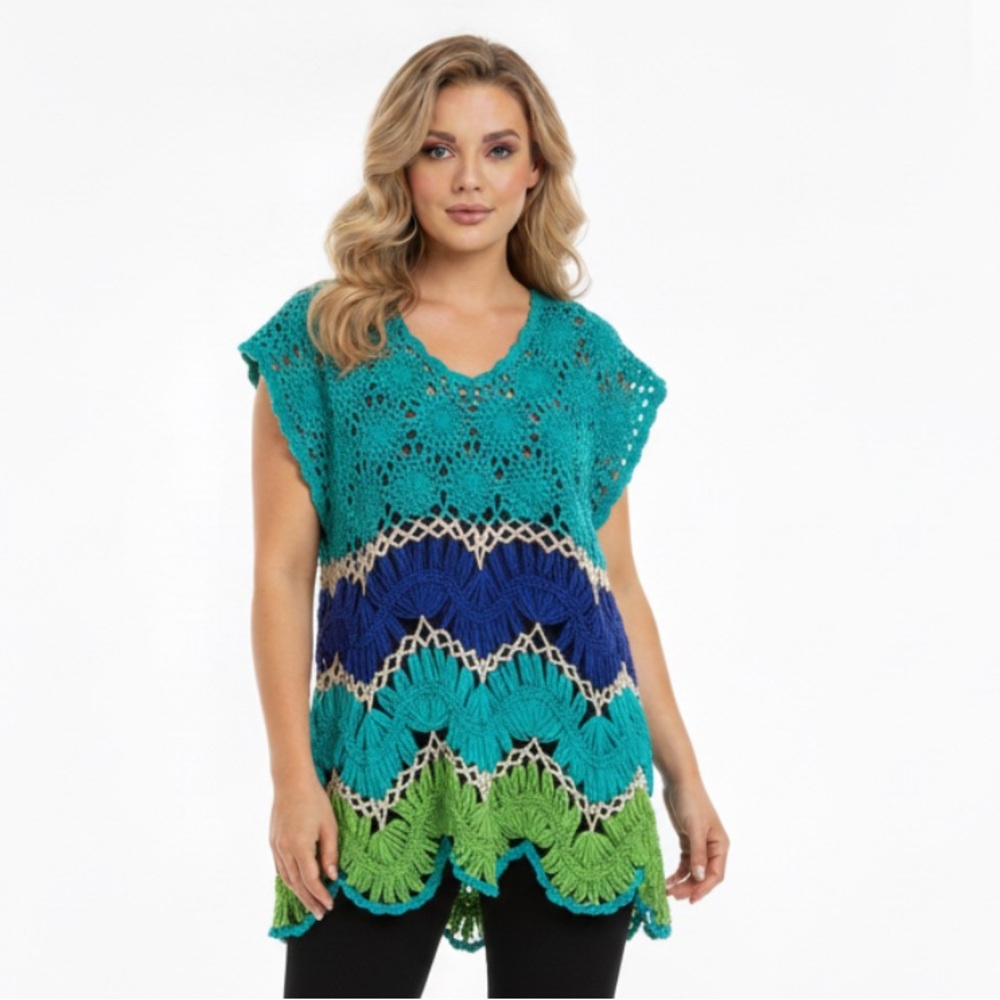 Fever Crocheted Cap Sleeve Top Blue Green Size XL